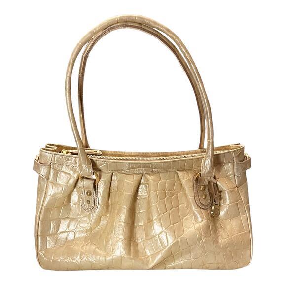 BRAHMIN Croc Embossed Leather Satchel Dual Handle Zipper Closure Cream Handbag - Picture 6 of 14
